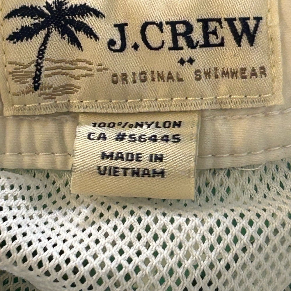 J.Crew Men's Swim Trunks in a green and white geometric print. - Picture 12 of 13